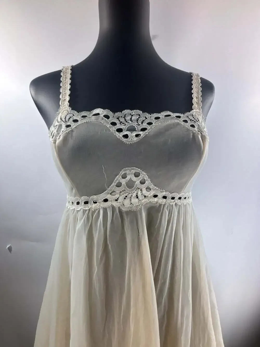 Vintage White Sheer Lace Trim Babydoll Slip Dress